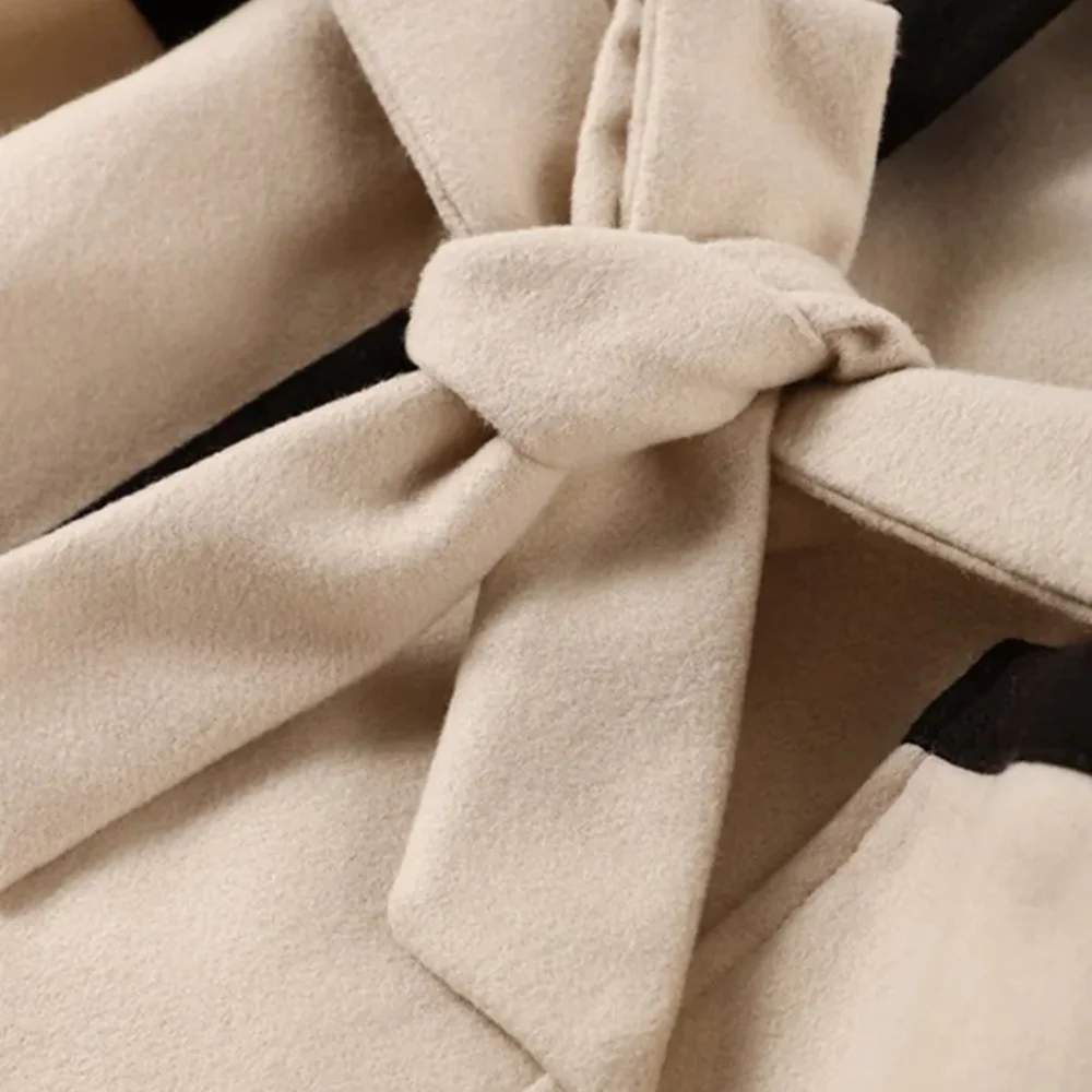 Striped Women's Woolen Coat Contrast Color Belts Long Sleeve Pocket Casu… - Picture 3 of 7